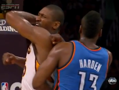 Video: Metta World Peace With a Vicious Elbow to James Harden's