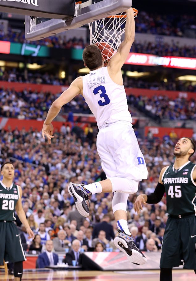 INDIANAPOLIS, IN - APRIL 04: Grayson Allen #3 of the Duke Blue Devils goes up for a dunk in the second half against the Michigan State Spartans during the NCAA Men's Final Four Semifinal at Lucas Oil Stadium on April 4, 2015 in Indianapolis, Indiana. (Photo by Andy Lyons/Getty Images)