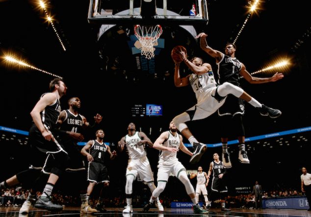 BROOKLYN, NY - MARCH 13: Giannis Antetokounmpo #34 of the Milwaukee Bucks goes to the basket against the Brooklyn Nets on March 13, 2016 at Barclays Center in the Brooklyn borough of New York City. NOTE TO USER: User expressly acknowledges and agrees that, by downloading and or using this Photograph, user is consenting to the terms and conditions of the Getty Images License Agreement. Mandatory Copyright Notice: Copyright 2016 NBAE (Photo by Nathaniel S. Butler/NBAE via Getty Images)