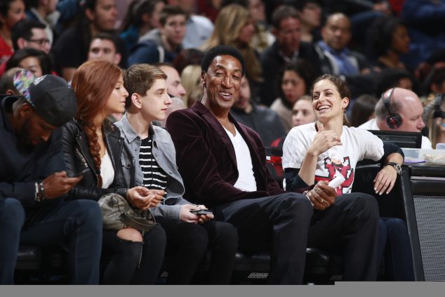 CHICAGO, IL - APRIL 13: Hall of fame Scottie Pippen of the Chicago Bulls looks on against the Philadelphia 76ers on April 13, 2016 at the United Center in Chicago, Illinois. NOTE TO USER: User expressly acknowledges and agrees that, by downloading and or using this Photograph, user is consenting to the terms and conditions of the Getty Images License Agreement. Mandatory Copyright Notice: Copyright 2016 NBAE (Photo by Jeff Haynes/NBAE via Getty Images)