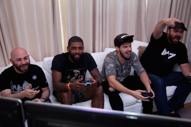 SAN FRANCISCO, CA - JULY 12: (L-R) YouTubers Joseph "Swiftor" Alminawi, NBA Champ Kyrie Irving, Andre "Typical Gamer," and Hike the Gamer livestream while playing "Call of Duty: Black Ops 3 Descent" on July 12, 2016 in San Francisco, California. (Photo by Kelly Sullivan/Getty Images for Activision)