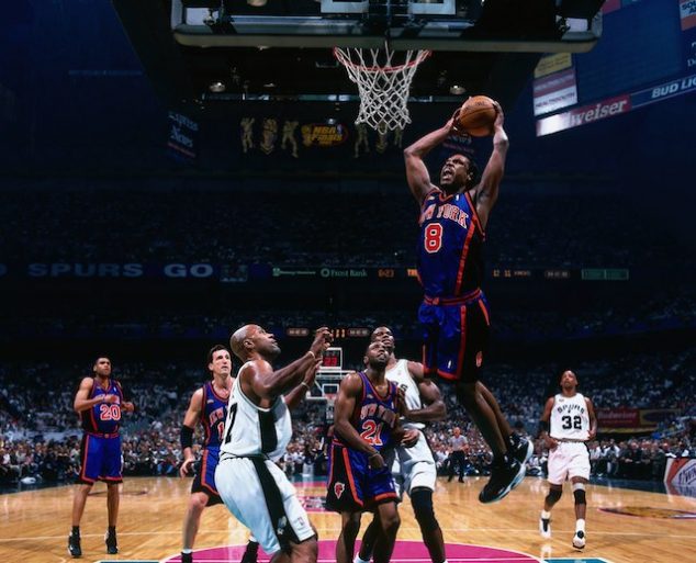 SAN ANTONIO - JUNE 18: Latrell Sprewell #8 of the New York Knicks dunks against Mario Elie #17 of the San Antonio Spurs during Game Two of the 1999 NBA Finals played on June 18, 1999 at the Alamodome in San Antonio, Texas. NOTE TO USER: User expressly acknowledges that, by downloading and or using this photograph, User is consenting to the terms and conditions of the Getty Images License agreement. Mandatory Copyright Notice: Copyright 1999 NBAE (Photo by Nathaniel S. Butler/NBAE via Getty Images)