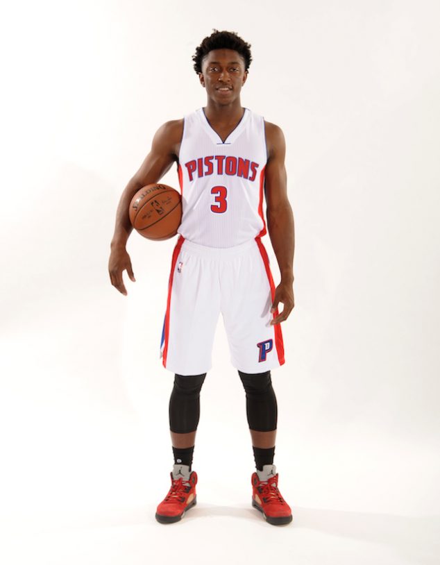 AUBURN HILLS, MI - SEPTEMBER 28: Stanley Johnson #3 of the Detroit Pistons poses during media day on September 28, 2015 at The Palace of Auburn Hills in Auburn Hills, Michigan. NOTE TO USER: User expressly acknowledges and agrees that, by downloading and/or using this photograph, User is consenting to the terms and conditions of the Getty Images License Agreement. Mandatory Copyright Notice: Copyright 2015 NBAE (Photo by D.Williams/ Einstein/NBAE via Getty Image