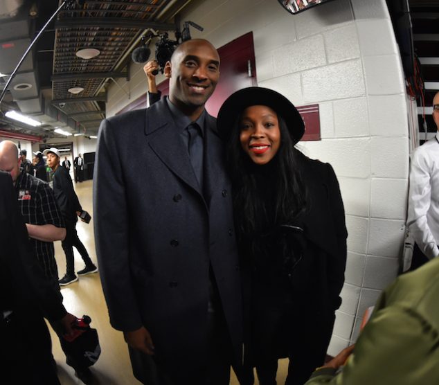 CHICAGO, IL - FEBRUARY 21: Kobe Bryant #24 of the Los Angeles Lakers smiles for a picture with Cappie Pondexter of the Chicago Sky after the game against the Chicago Bulls on February 21, 2016 at the United Center in Chicago, Illinois. NOTE TO USER: User expressly acknowledges and agrees that, by downloading and or using this Photograph, user is consenting to the terms and conditions of the Getty Images License Agreement. Mandatory Copyright Notice: Copyright 2016 NBAE (Photo by Jesse D. Garrabrant/NBAE via Getty Images)