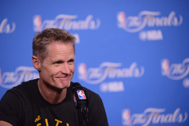 CLEVELAND, OH - JUNE 15: Head Coach Steve Kerr of the Golden State Warriors speaks to the media during practice and media availability as part of the 2016 NBA Finals on June 15, 2016 at Quicken Loans Arena in Cleveland, Ohio. NOTE TO USER: User expressly acknowledges and agrees that, by downloading and or using this photograph, User is consenting to the terms and conditions of the Getty Images License Agreement. Mandatory Copyright Notice: Copyright 2016 NBAE (Photo by Noah Graham/NBAE via Getty Images)