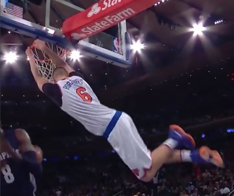 Kristaps Porzingis Draws Foul on Monster Dunk (VIDEO)