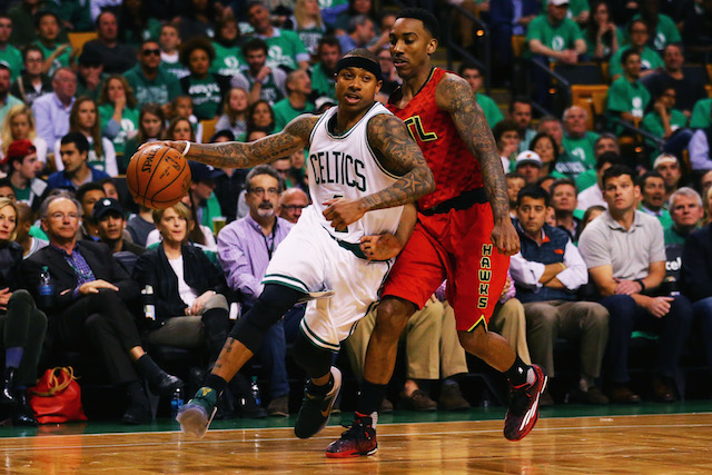 BOSTON, MA - APRIL 28: Jeff Teague #0 of the Atlanta Hawks defends Isaiah Thomas #4 of the Boston Celtics during the second quarter of Game Six of the Eastern Conference Quarterfinals during the 2016 NBA Playoffs at TD Garden on April 28, 2016 in Boston, Massachusetts. NOTE TO USER User expressly acknowledges and agrees that, by downloading and or using this photograph, user is consenting to the terms and conditions of the Getty Images License Agreement. (Photo by Maddie Meyer/Getty Images)