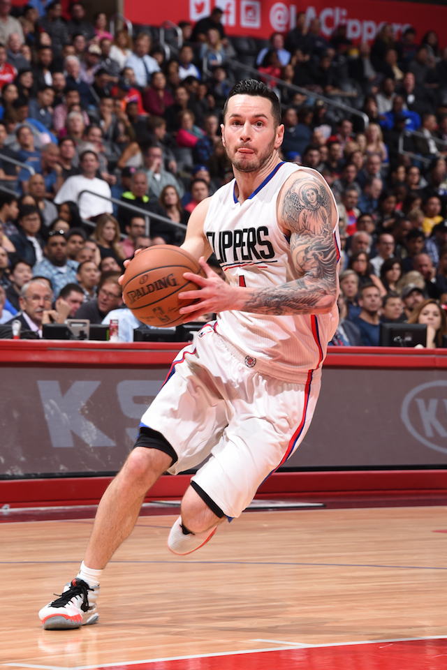 LOS ANGELES, CA - FEBRUARY 29: J.J. Redick #4 of the Los Angeles Clippers drives against the Brooklyn Nets during the game on February 29, 2016 at Staples Center in Los Angeles, California. NOTE TO USER: User expressly acknowledges and agrees that, by downloading and or using this Photograph, user is consenting to the terms and conditions of the Getty Images License Agreement. Mandatory Copyright Notice: Copyright 2016 NBAE (Photo by Andrew D. Bernstein/NBAE via Getty Images)