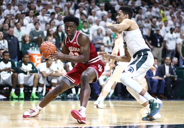 EAST LANSING, MI - FEBRUARY 14: OG Anunoby #3 of the Indiana Hoosiers drives around against Kenny Goins #25 of the Michigan State Spartans in the first half at the Breslin Center on February 14, 2016 in East Lansing, Michigan. (Photo by Rey Del Rio/Getty Images)