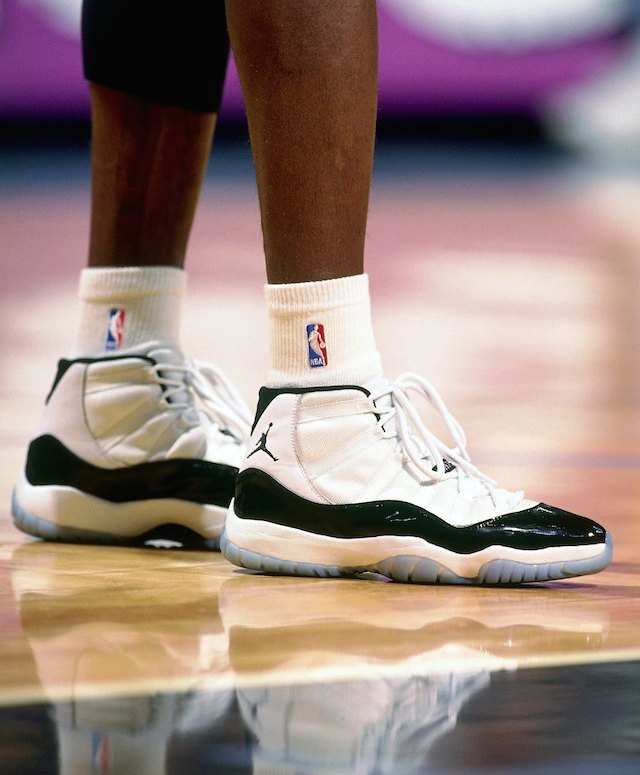ORLANDO, FL - MAY 7: Photo of Michael Jordan #23 of the Chicago Bulls's sneakers in Game One of the 1995 Easter Conference Semi-Finals at the Orlando Arena on May 7, 1995 in Orlando, Florida. NOTE TO USER: User expressly acknowledges that, by downloading and or using this photograph, User is consenting to the terms and conditions of the Getty Images License agreement. Mandatory Copyright Notice: Copyright 1995 NBAE (Photo by Nathaniel S. Butler/NBAE via Getty Images)