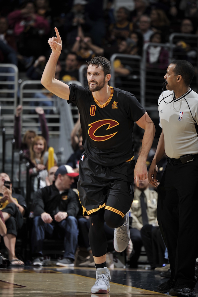 CLEVELAND, OH - OCTOBER 25: Kevin Love #0 of the Cleveland Cavaliers celebrates a three point basket and runs up court against the New York Knicks on October 25, 2016 at Quicken Loans Arena in Cleveland, Ohio. NOTE TO USER: User expressly acknowledges and agrees that, by downloading and or using this photograph, user is consenting to the terms and conditions of the Getty Images License Agreement. Mandatory Copyright Notice: Copyright 2016 NBAE (Photo by David Liam Kyle/NBAE via Getty Images)