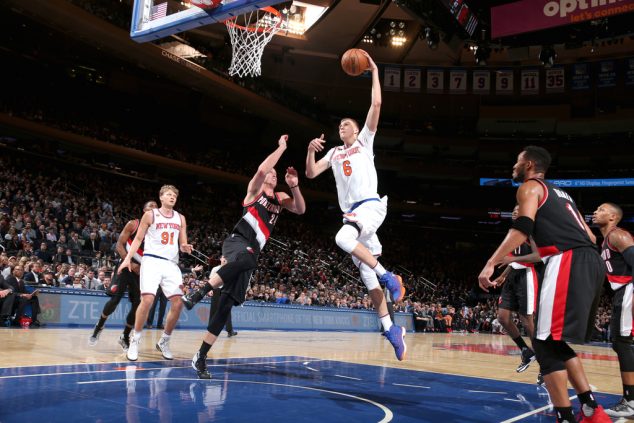 NEW YORK, NY - NOVEMBER 22:  Kristaps Porzingis #6 of the New York Knicks goes to the basket against the Portland Trail Blazers on November 22, 2016 at Madison Square Garden in New York City, New York.  NOTE TO USER: User expressly acknowledges and agrees that, by downloading and or using this photograph, User is consenting to the terms and conditions of the Getty Images License Agreement. Mandatory Copyright Notice: Copyright 2016 NBAE  (Photo by Nathaniel S. Butler/NBAE via Getty Images)