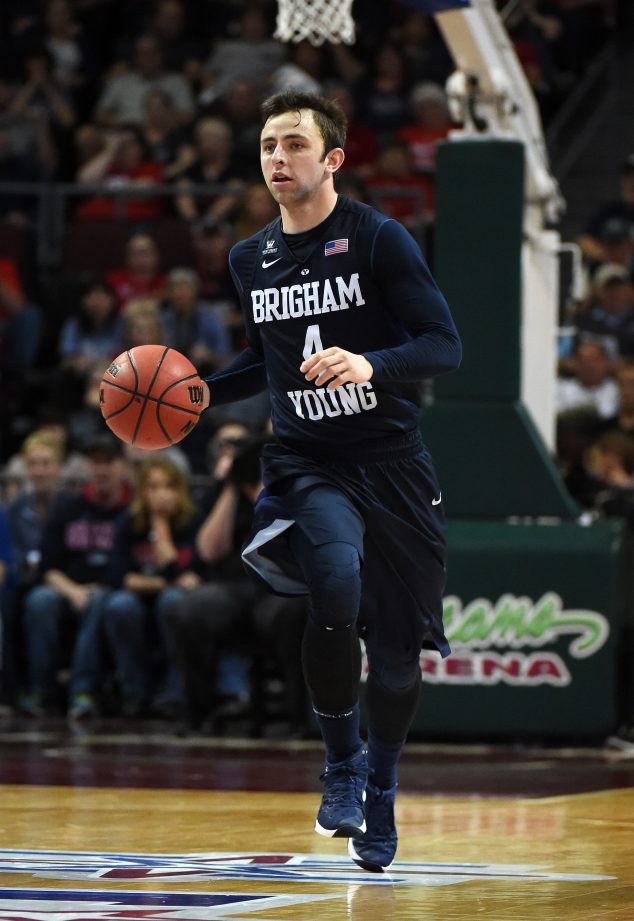 LAS VEGAS, NV - MARCH 07: Nick Emery #4 of the Brigham Young Cougars brings the ball up the court against the Gonzaga Bulldogs during a semifinal game of the West Coast Conference Basketball tournament at the Orleans Arena on March 7, 2016 in Las Vegas, Nevada. Gonzaga won 88-84. (Photo by Ethan Miller/Getty Images)