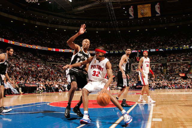 AUBURN HILLS, MI - JUNE 16: of the San Antonio Spurs against the Detroit Pistons in Game Four of the 2005 NBA Finals on June 16, 2005 at the Palace of Auburn Hills in Auburn Hills, Michigan. NOTE TO USER: User expressly acknowledges and agrees that, by downloading and or using this photograph, User is consenting to the terms and conditions of the Getty Images License Agreement. Mandatory Copyright Notice: Copyright 2005 NBAE (Photo by Nathaniel S. Butler/NBAE via Getty Images)