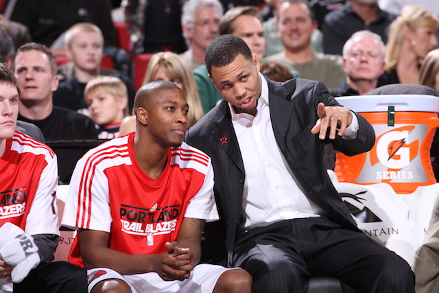 PORTLAND, OR - JANUARY 22: Brandon Roy #7 and Armon Johnson #1 of the Portland Trail Blazers chat during a game against the Indiana Pacers on January 22, 2011 at the Rose Garden Arena in Portland, Oregon. NOTE TO USER: User expressly acknowledges and agrees that, by downloading and or using this photograph, User is consenting to the terms and conditions of the Getty Images License Agreement. Mandatory Copyright Notice: Copyright 2011 NBAE (Photo by Sam Forencich/NBAE via Getty Images)