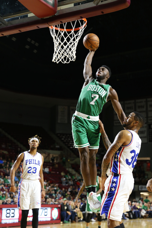 AMHERST, MA - OCTOBER 4: Jaylen Brown #7 of the Boston Celtics goes up for a dunk against the Philadelphia 76ers during a preseason game on October 4, 2016 at the Mullins Center in Amherst, Massachusetts. NOTE TO USER: User expressly acknowledges and agrees that, by downloading and or using this photograph, User is consenting to the terms and conditions of the Getty Images License Agreement. Mandatory Copyright Notice: Copyright 2016 NBAE (Photo by Chris Marion/NBAE via Getty Images)